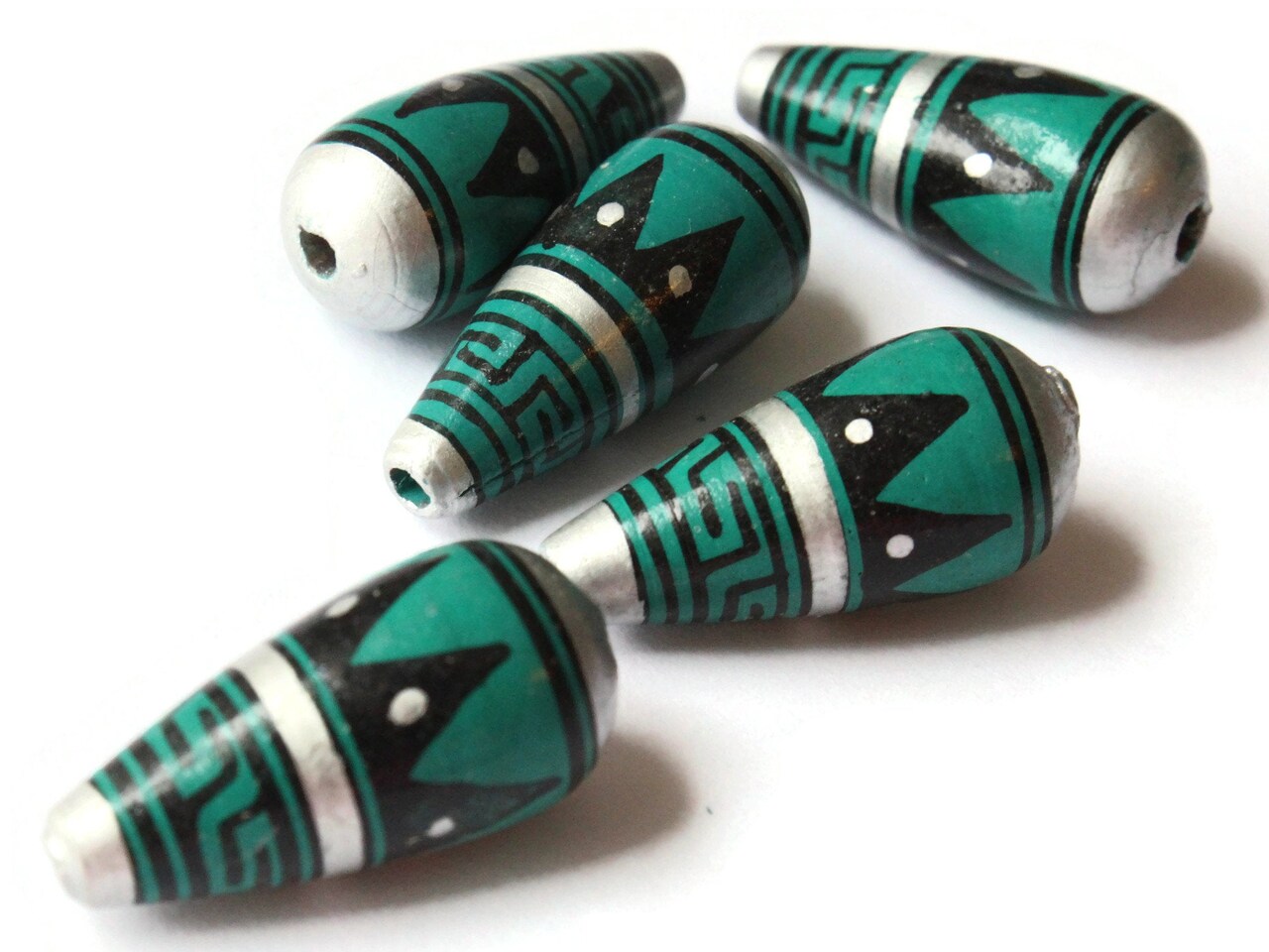 5 28mm Vintage Painted Peruvian Clay Beads - Teal, Silver, and Black Patterned Teardrop Beads